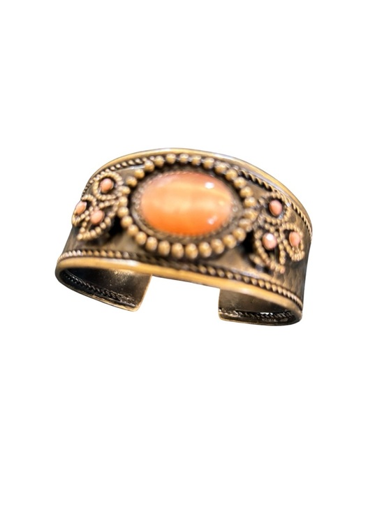 Unbranded Jewelry - VTG ART DECO Coral Glass Stone Brass Flower Bangle Cuff BRACELET OS